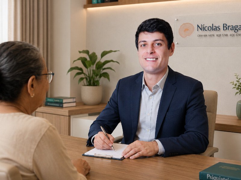 Adulto em consulta de acompanhamento psiquiátrico em ambiente acolhedor, representando continuidade do cuidado em saúde mental em São Luís.