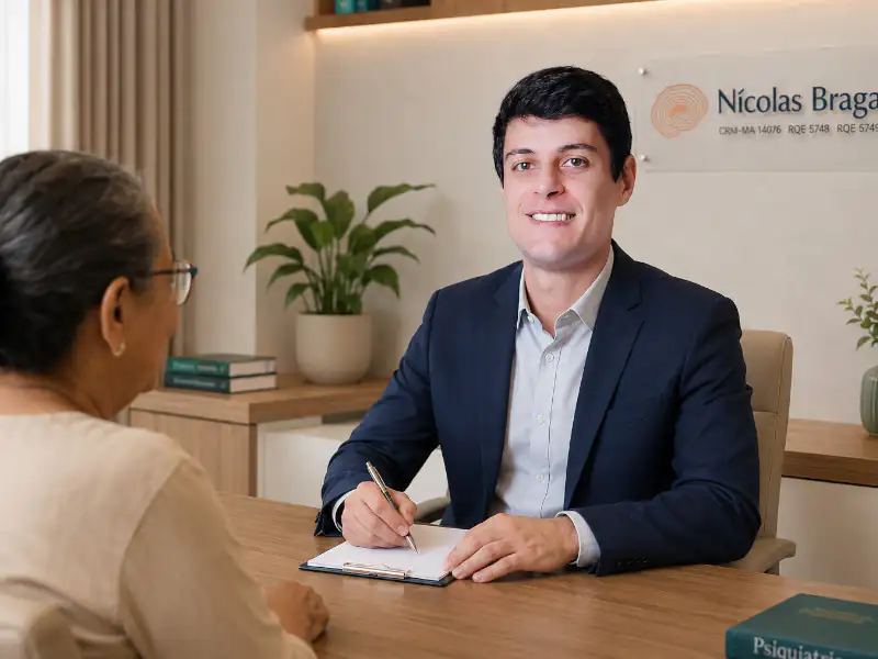 Adulto em consulta de acompanhamento psiquiátrico em ambiente acolhedor, representando continuidade do cuidado em saúde mental em São Luís.